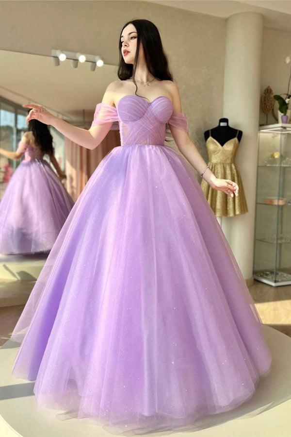 Abito lungo viola da cerimonia con scollo a cuore e gonna a ruota in tulle, linea a trapezio