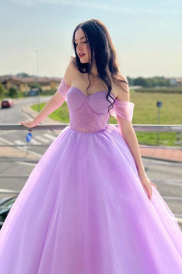 Abito lungo viola da cerimonia con scollo a cuore e gonna a ruota in tulle, linea a trapezio