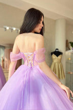 Abito lungo viola da cerimonia con scollo a cuore e gonna a ruota in tulle, linea a trapezio