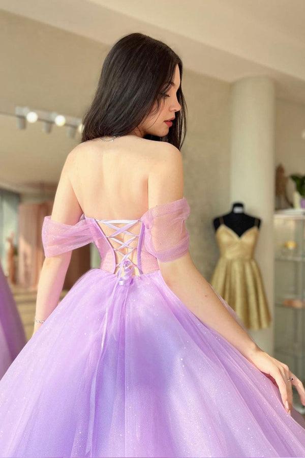Abito lungo viola da cerimonia con scollo a cuore e gonna a ruota in tulle, linea a trapezio