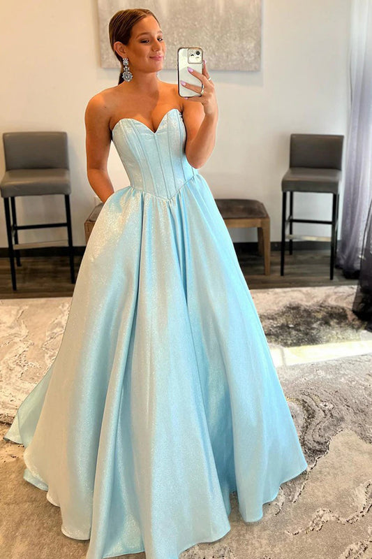 A-Line Sweetheart Strapless Blue Long Prom Dress Formal Gown