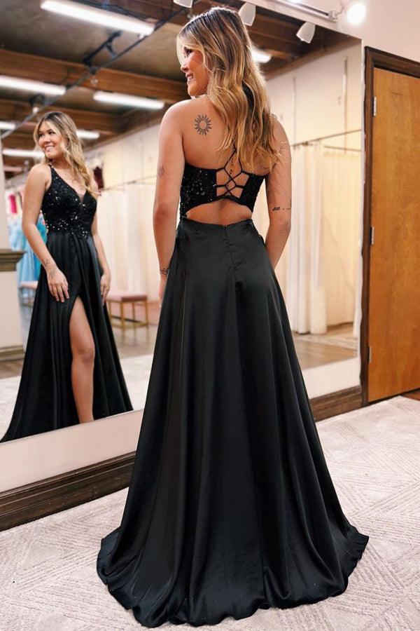 Langes schwarzes Ballkleid in A-Linie mit V-Ausschnitt und Taschen