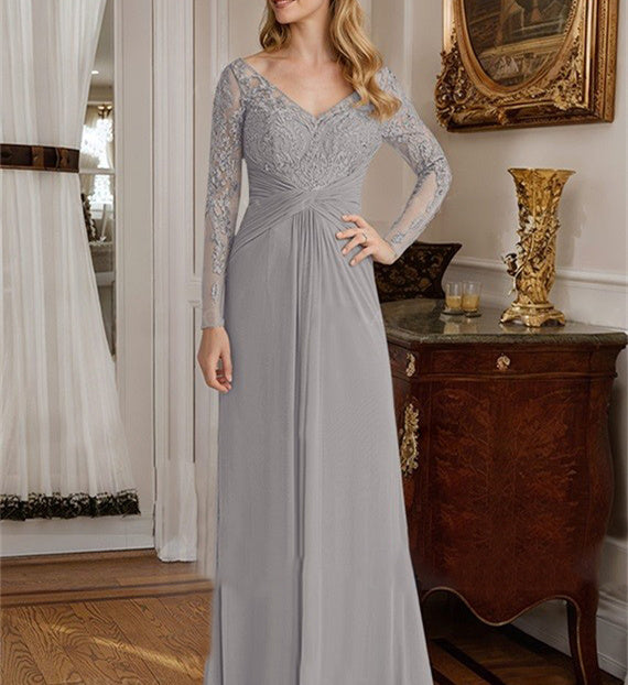 V Neck A Line Floor Length Mother Of The Bride Dress With Lace Ruffle