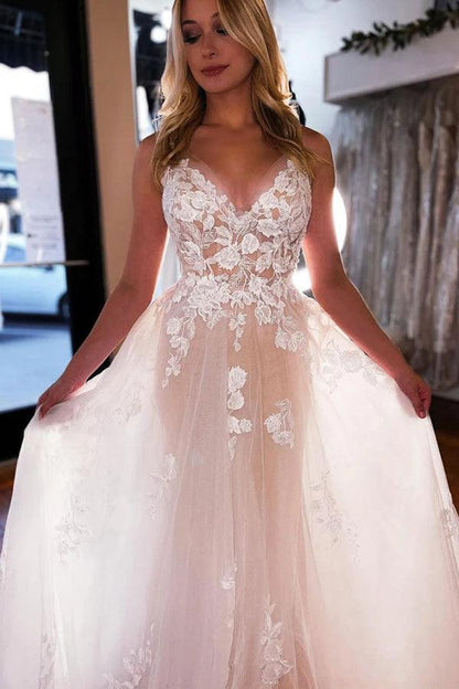 A-Linie V-Ausschnitt Helles Champagner Tüll Elfenbein Spitze Brautkleid