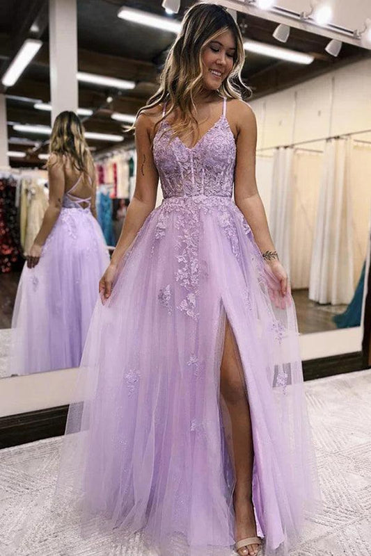 A-Line V Neck Lilac Tulle Long Slit Prom Dress Evening Dress