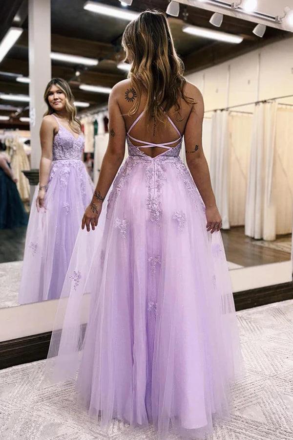 A-Line V Neck Lilac Tulle Long Slit Prom Dress Evening Dress