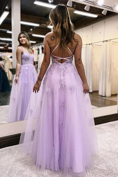 A-Line V Neck Lilac Tulle Long Slit Prom Dress Evening Dress