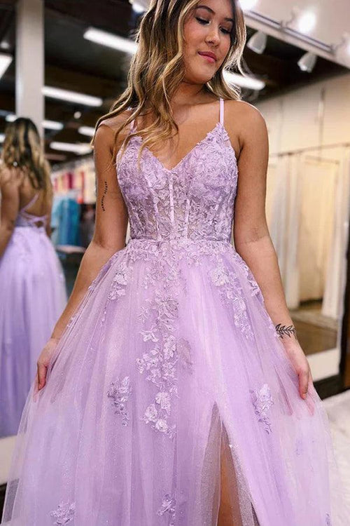 Vestido de Festa Lilás em Tule com Decote em V e Fenda Longa, Modelo A-Line