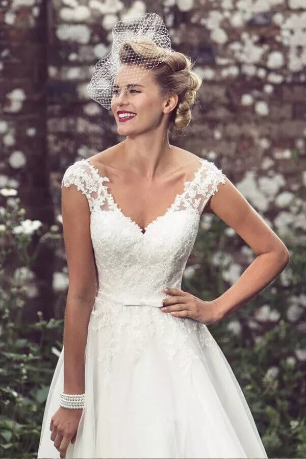 A-Line Wedding Dress Tea Length Lace Short Bridal Gown