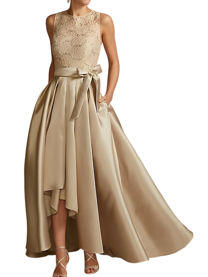 Vestidos de madre de la novia de corte A/princesa, sin mangas, con escote joya y encaje plisado 