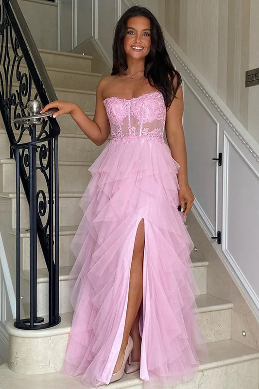 A-Line Ruffles Appliques Corset Pink Long Prom Dress with Slit