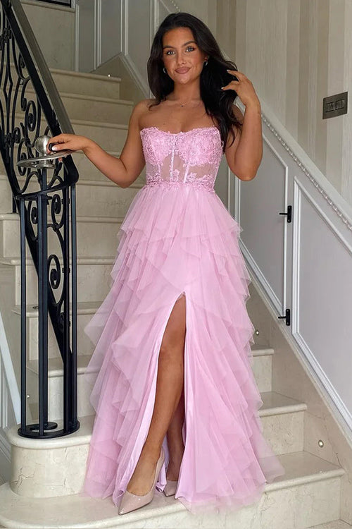 Abito lungo da cerimonia rosa con corsetto, applicazioni di balze a linea ad A e spacco