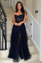 Abito lungo da cerimonia rosa con corsetto, applicazioni di balze a linea ad A e spacco