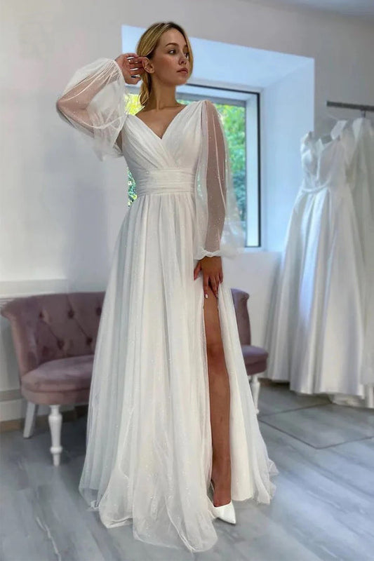 A-Linie, funkelndes Strand-Brautkleid mit V-Ausschnitt und langen Ärmeln