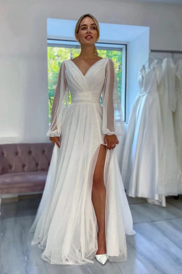 Vestido de novia de playa con escote en V brillante, mangas largas y corte A