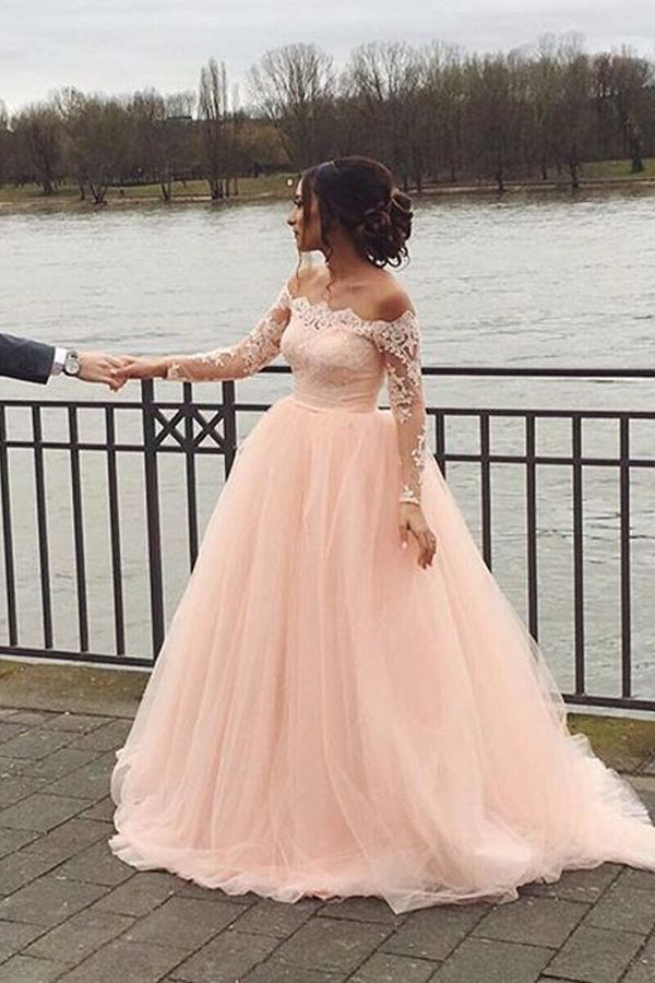 Vestido de novia rosa ruborizado con hombros descubiertos, manga larga y corte A