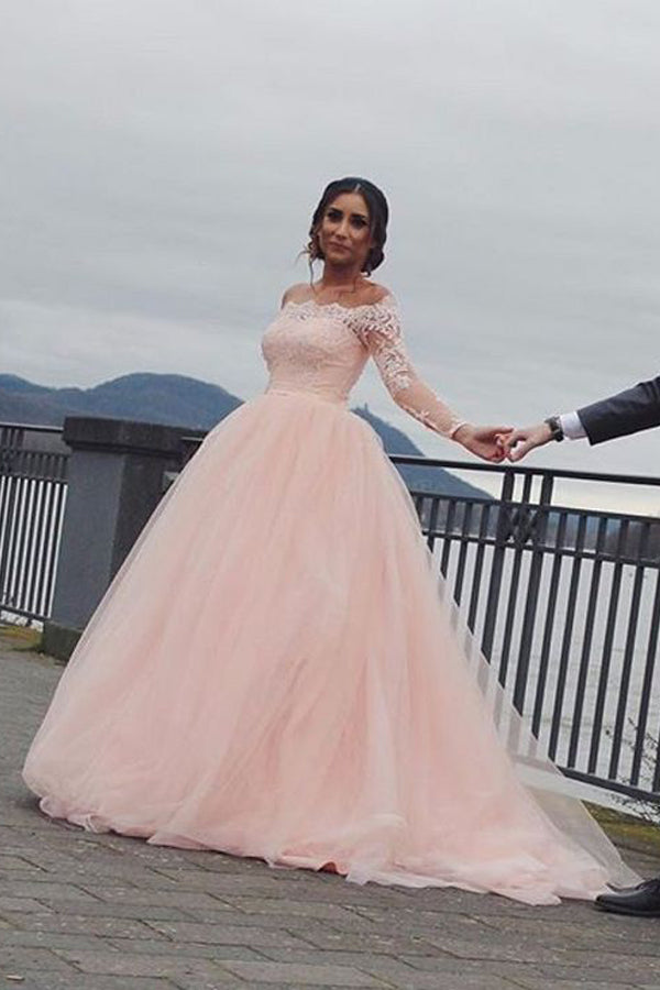 Vestido de novia rosa ruborizado con hombros descubiertos, manga larga y corte A