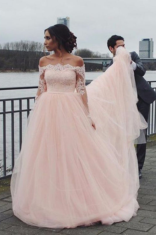 A-Linien-Brautkleid in Zartrosa mit schulterfreien Ärmeln