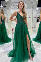 A-line Dark Green V Neck Sequined Tulle Prom Dresses