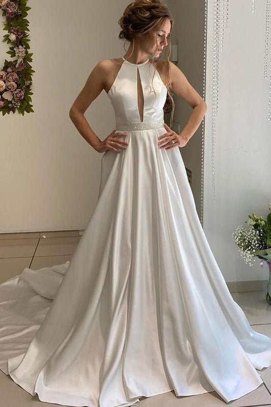 A-Linie Neckholder Rückenfrei Lange Satin Brautkleider Mit Perlenbesetztem Gürtel