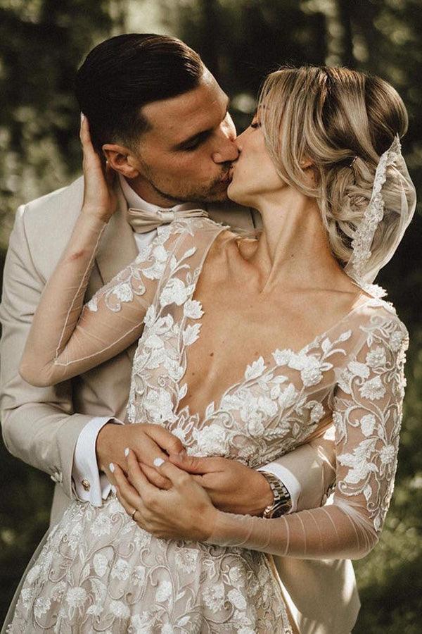 فساتين زفاف بأكمام طويلة على شكل حرف A، دانتيل، ياقة على شكل حرف V، فساتين عرائس