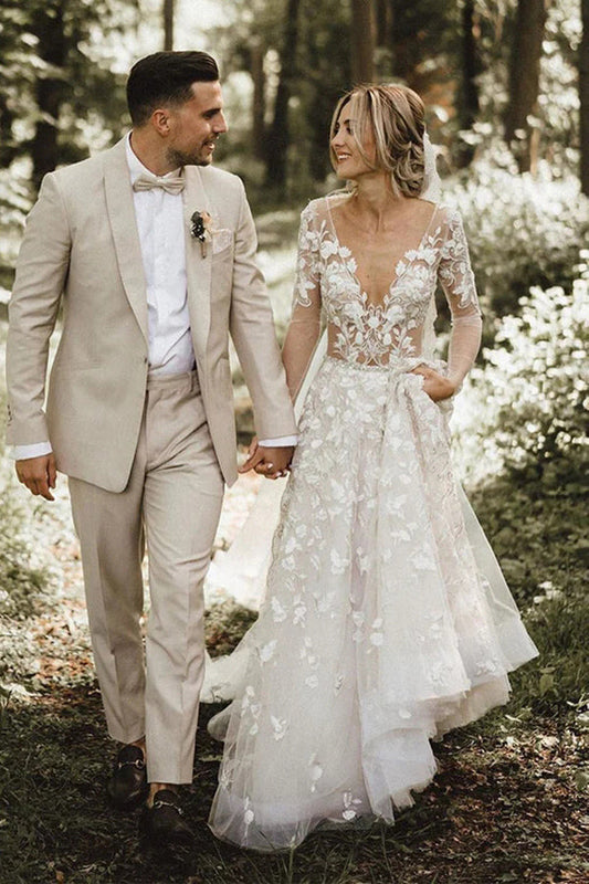 A-line Long Sleeves Wedding Dresses Lace V Neckline Bridal Gowns