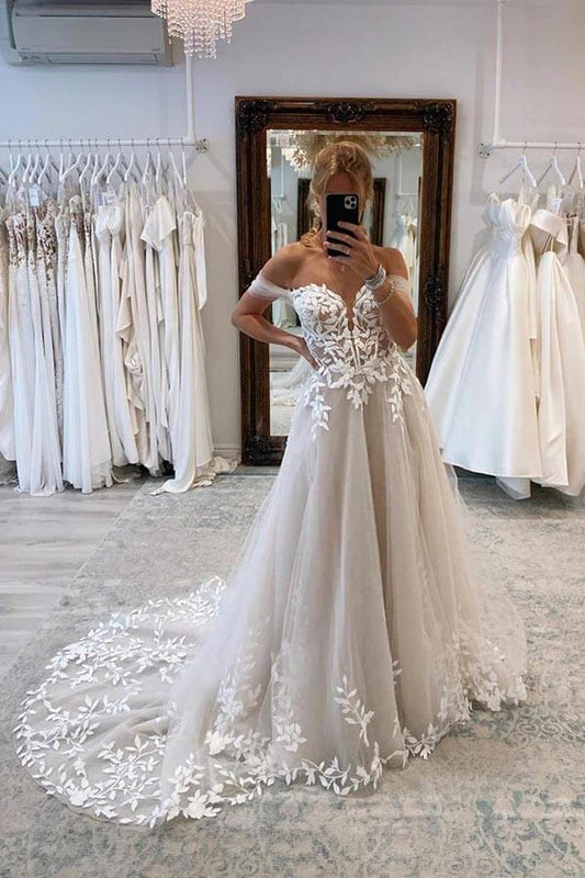 A-line Off-the-Shoulder Wedding Dresses With Lace Appliques Bridal Gown