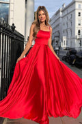 A-line Satin Scoop Neck Long Prom Dress Straps Formal Dress