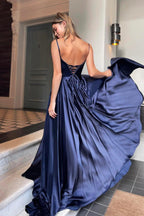 A-line Satin Scoop Neck Long Prom Dress Straps Formal Dress
