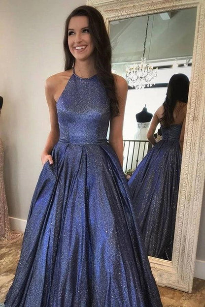 A-Linie Glitzernder Neckholder Lange Ballkleider Süßes Abendkleid