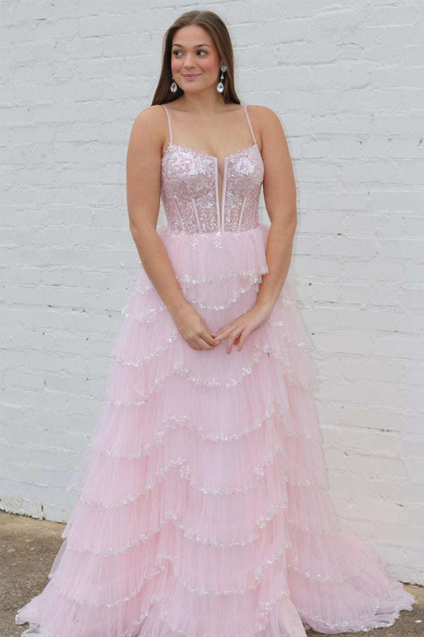 Abito da cerimonia rosa con scollatura profonda, paillettes e pizzo, con spalline a linea ad A