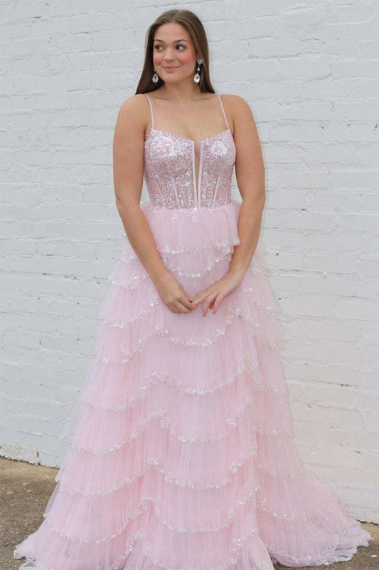 A-line Straps Plunging Neck Pink Sequin Lace Prom Dresses