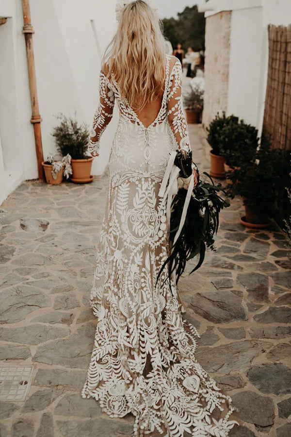 Etuikleid Einzigartiges Spitzenkleid mit langen Ärmeln im Bohemian-Stil