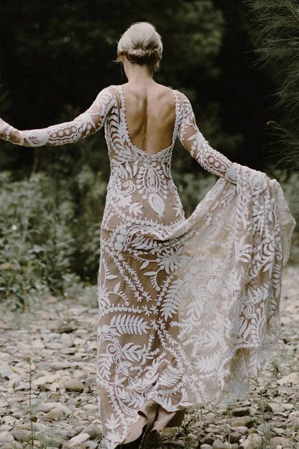 Etuikleid Einzigartiges Spitzenkleid mit langen Ärmeln im Bohemian-Stil