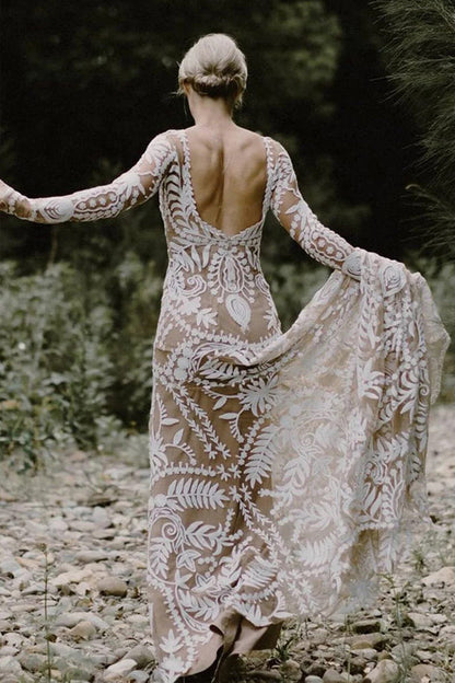 Etuikleid Einzigartiges Spitzenkleid mit langen Ärmeln im Bohemian-Stil
