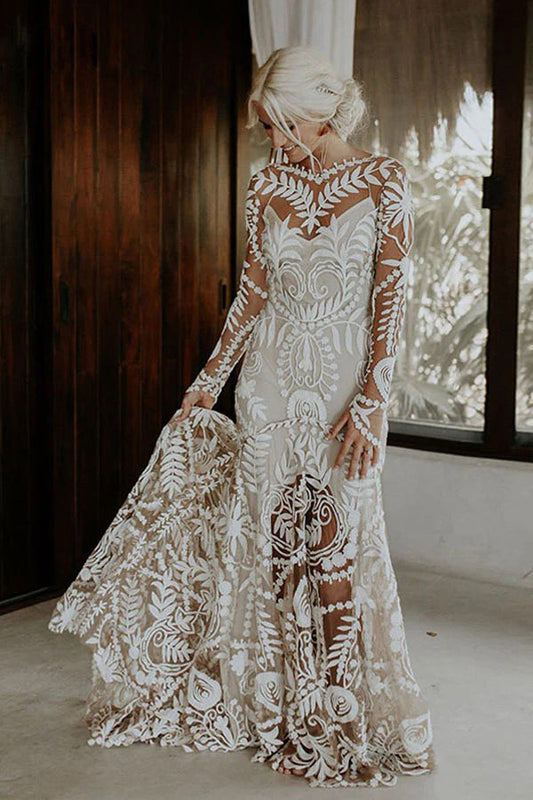 Etuikleid Einzigartiges Spitzenkleid mit langen Ärmeln im Bohemian-Stil