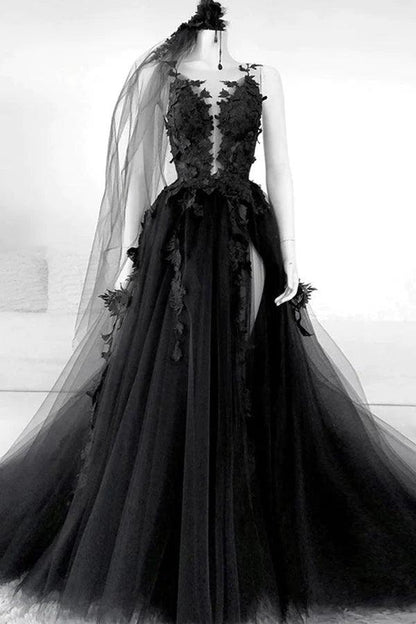 Vestido de fiesta largo negro con escote en V y corte A, vestido de noche floral