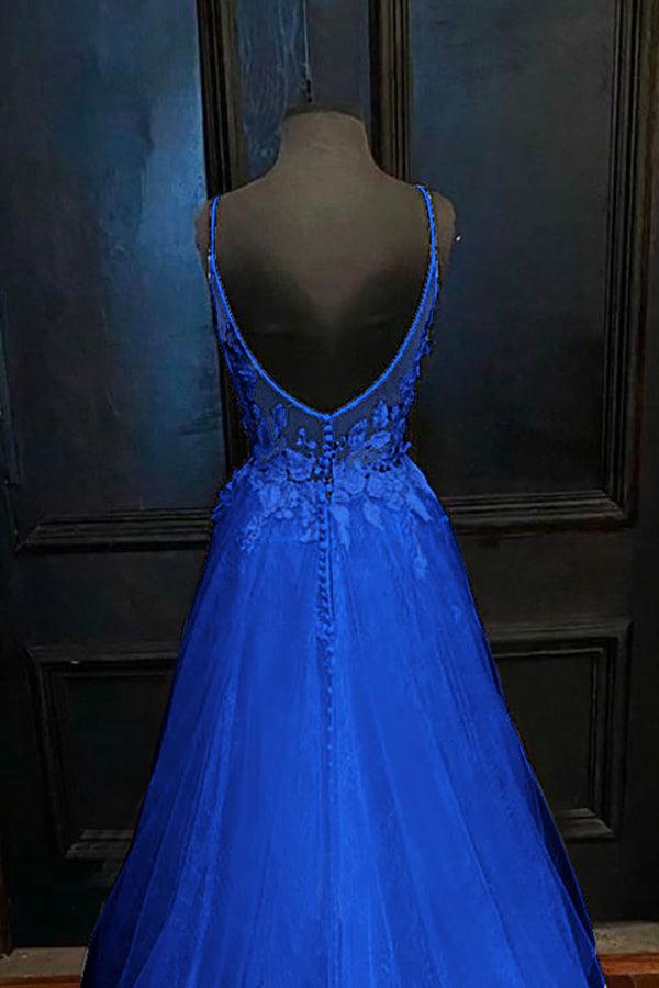 Abito da cerimonia blu reale in tulle con scollo a V, spalline e applicazioni, linea a trapezio