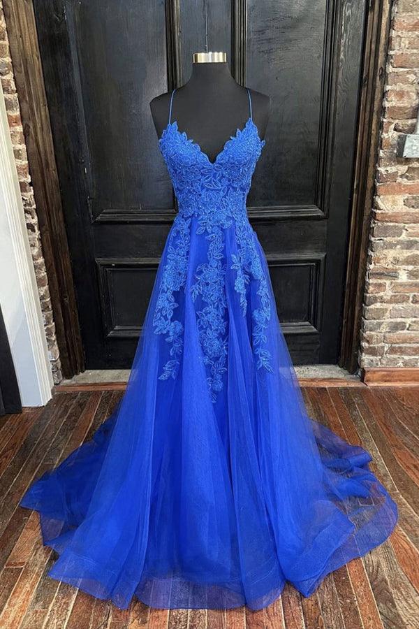 Abito da cerimonia blu reale in tulle con scollo a V, spalline e applicazioni, linea a trapezio