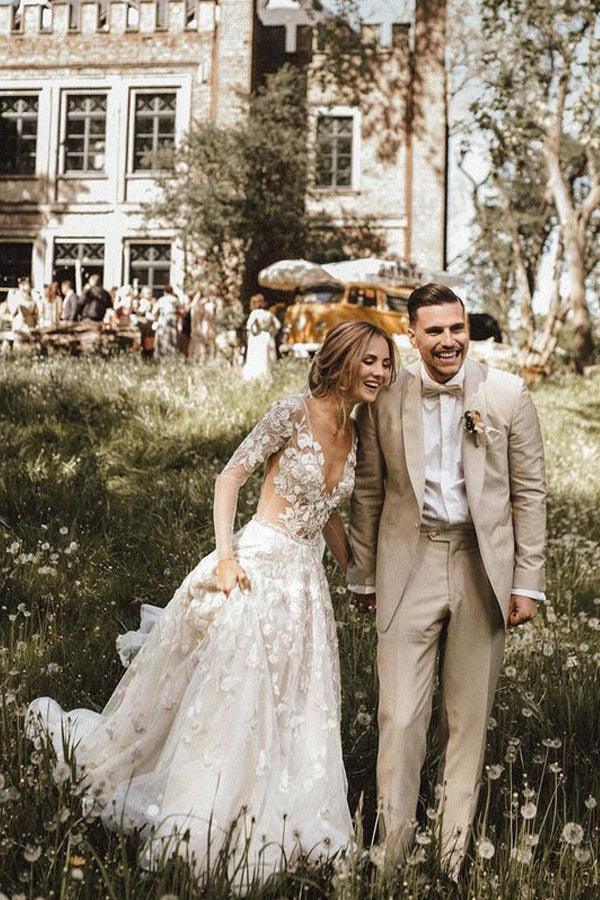 فساتين زفاف بأكمام طويلة على شكل حرف A، دانتيل، ياقة على شكل حرف V، فساتين عرائس