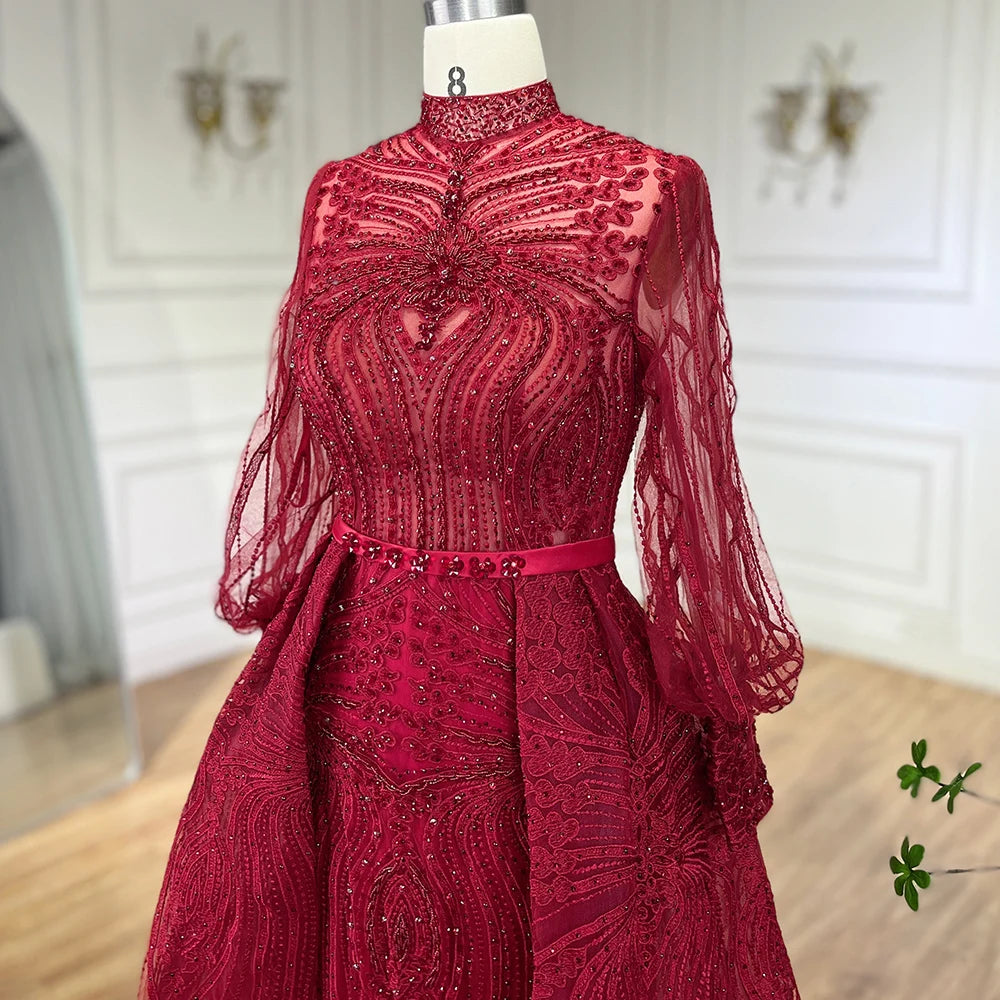 Plus Size Evening Dress Long Sleeve Wine Red Muslim Party Gown