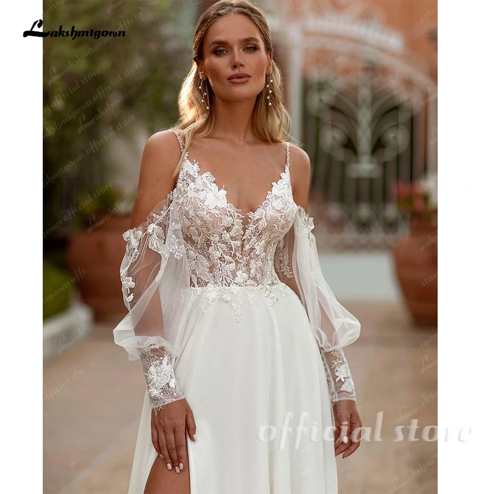 Lakshmigown Custom Spaghetti Strap Chiffon Boho Beach Wedding Dress