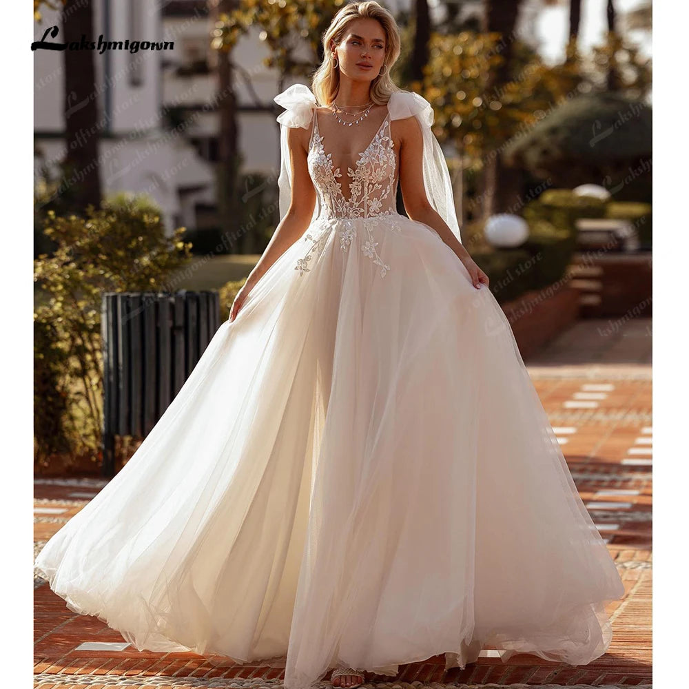 Custom Plus Size Split Wedding Dress With Lace Appliques Deep V Neck Bridal
