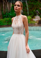 High Neck Tulle Wedding Gown With Removable Sleeves Slit Custom Bridal Dress