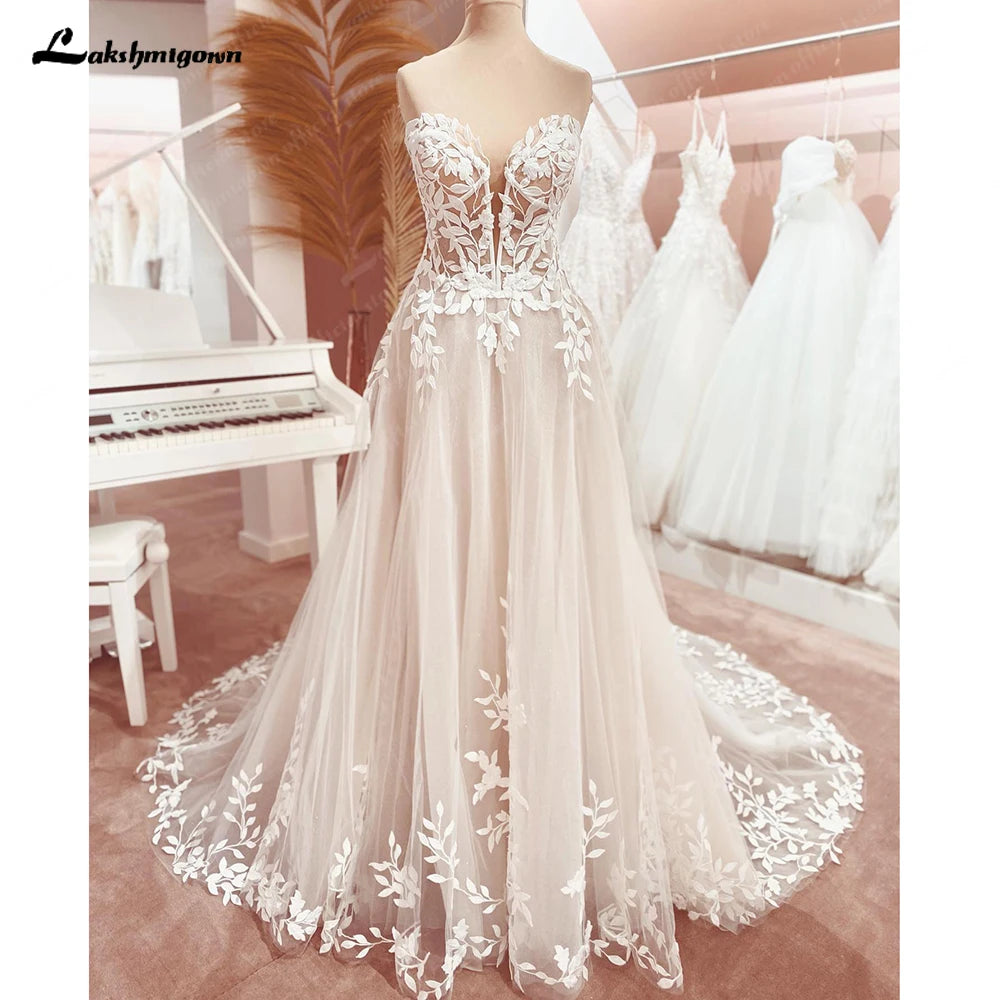 Custom Sweetheart A Line Wedding Dress With Glitter Lace Applique