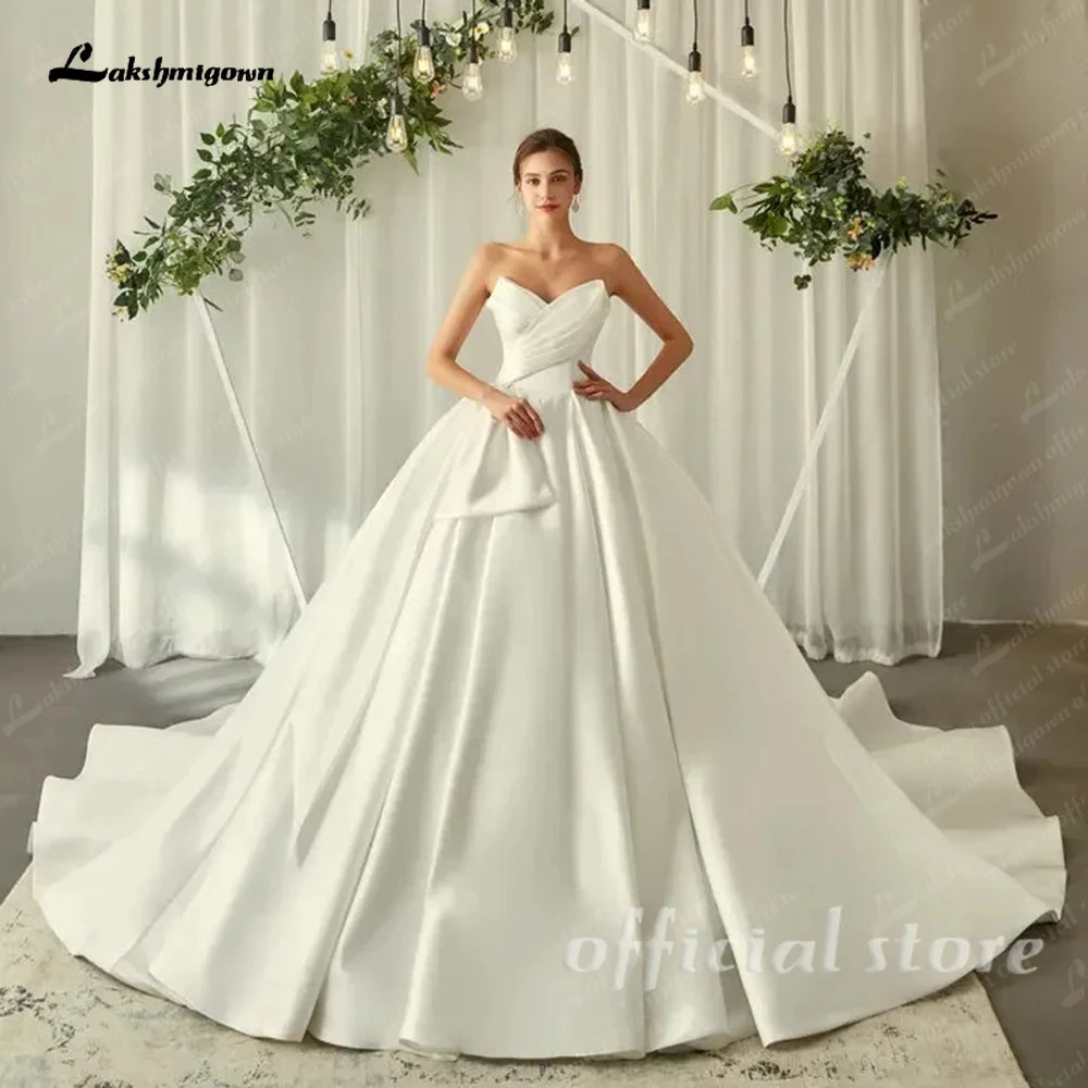 Custom Satin Strapless Wedding Dress Sweetheart Bow Pleat A Line Ball Gown