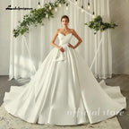 Custom Satin Strapless Wedding Dress Sweetheart Bow Pleat A Line Ball Gown