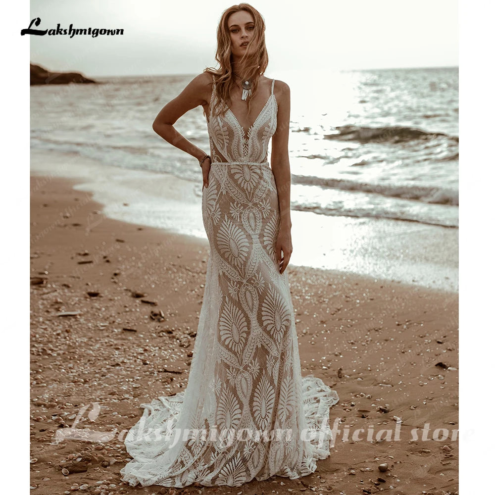 Lakshmigown Champagne Lace Mermaid Wedding Dress With Spaghetti Straps