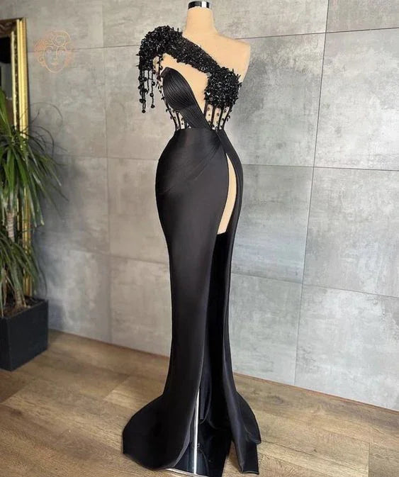 Abiti da sera neri monospalla Abiti da sera neri Abiti da ballo neri Y6674