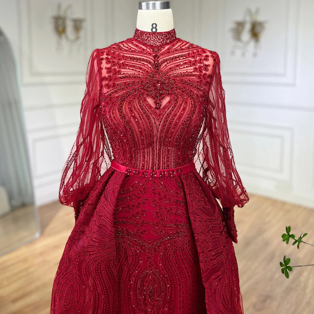 Plus Size Evening Dress Long Sleeve Wine Red Muslim Party Gown